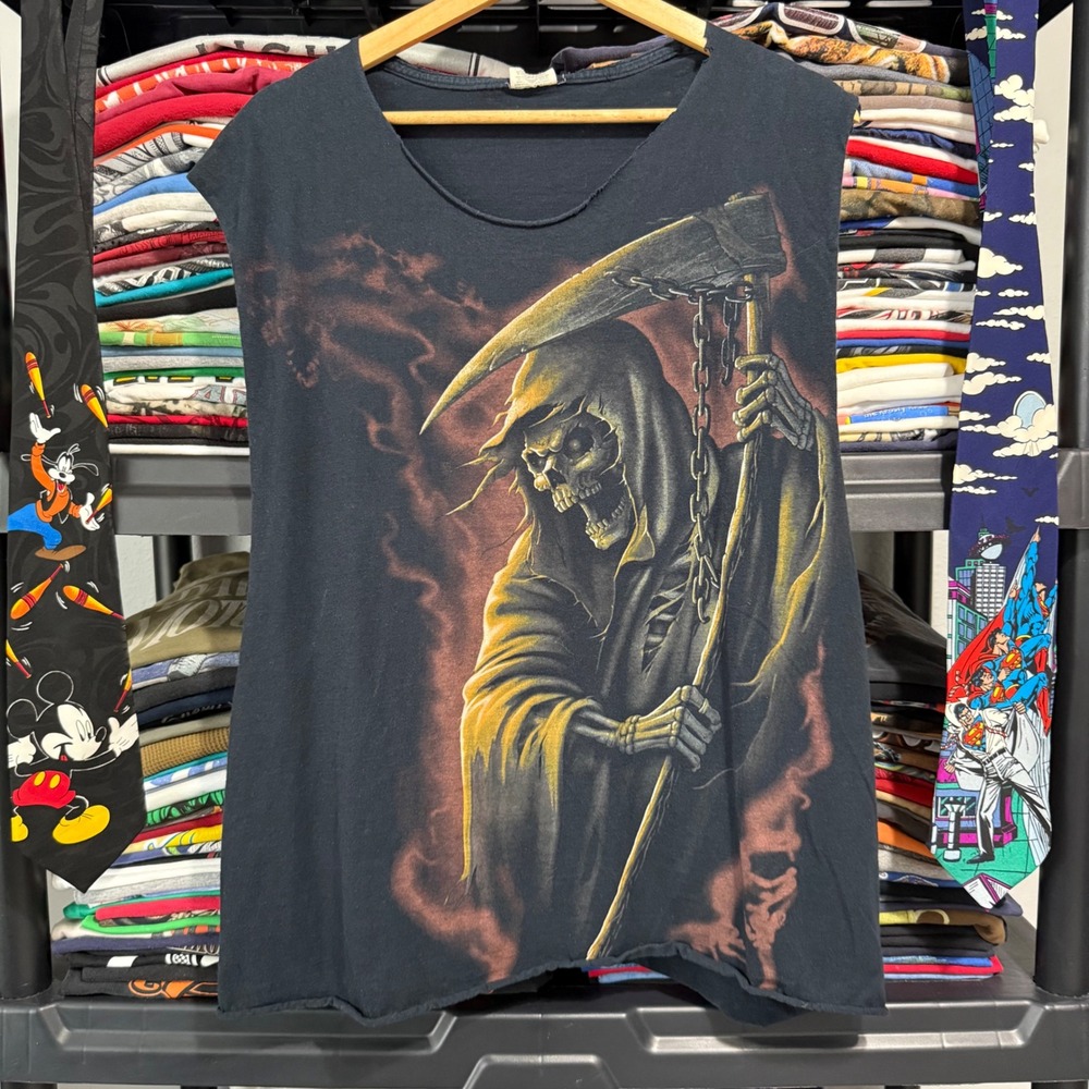 Y2K Black Grim Reaper Graphic Muscle Tee Size L Chopped
